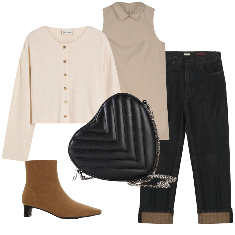 Outfit donna - Total look #2296679. Stile Casual chic per Tutti i giorni. Abbinamento con cardigans, stivaletti, borse a tracolla, jeans dritti, vestiti a tubino.