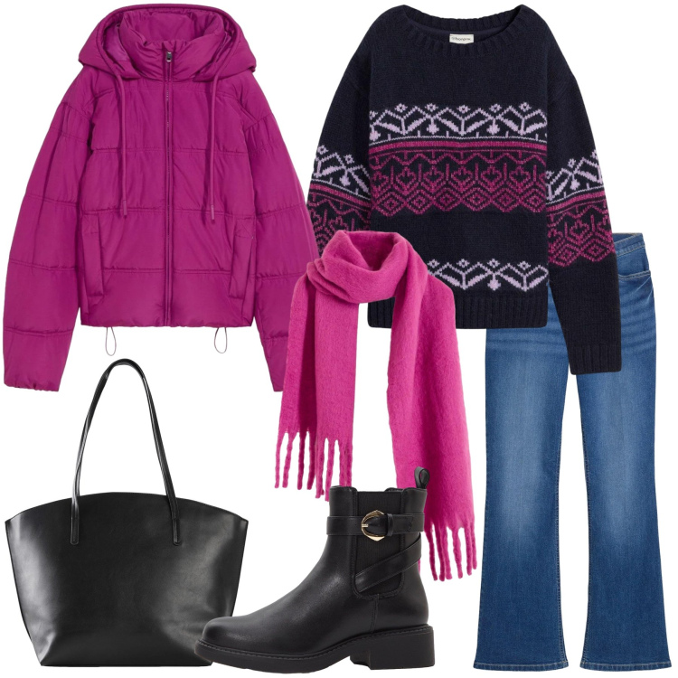 Outfit donna - Winter Looks, XMas Mood. Stile Casual per Scuola/Università. Abbinamento con maglieria, jeans bootcut, sciarpe, shopping bag, giacche, stivaletti chelsea.