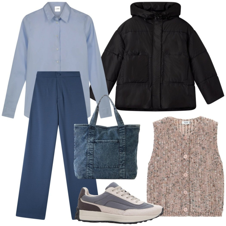 Outfit donna - City. Stile Casual chic per Tutti i giorni. Abbinamento con shopping bag, sneakers, gilet, pantaloni, bomber, camicie.