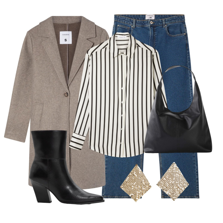 Outfit donna - Raffinata in città. Stile Casual chic per Tutti i giorni. Abbinamento con shopping bag, stivaletti, jeans dritti, orecchini, camicie, cappotti.