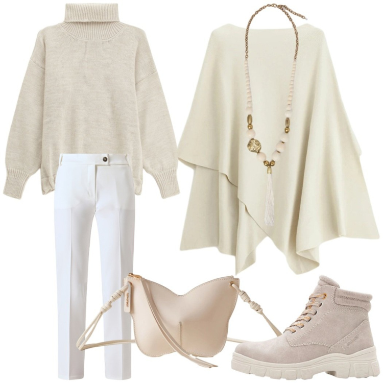 Outfit donna - Total White. Stile Casual chic per Tutti i giorni. Abbinamento con stivaletti, maglieria, maglieria, pantaloni, borse a tracolla, ciondoli.