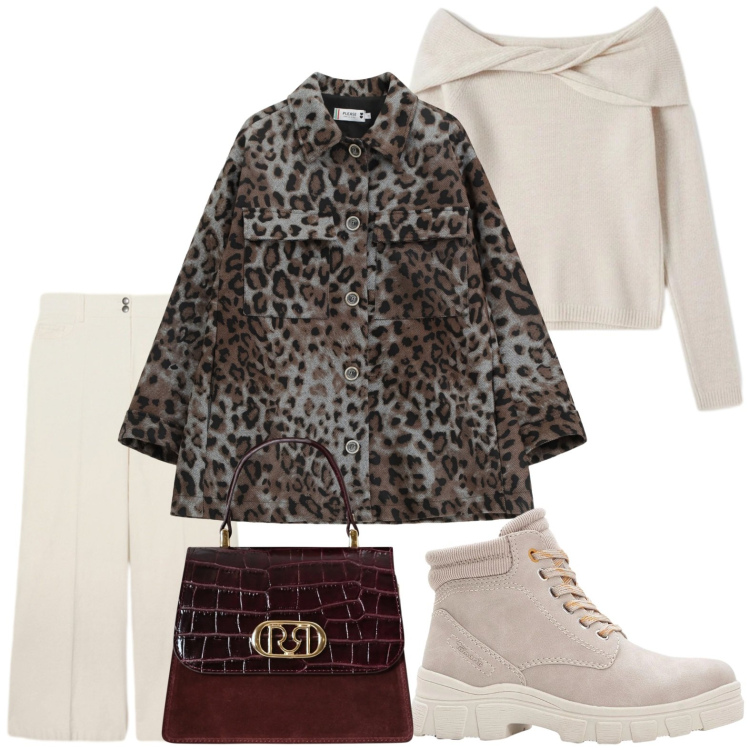 Outfit donna - Il maculato di giorno. Stile Trendy per Tutti i giorni. Abbinamento con stivaletti, cappotti, borse a mano, maglieria, pantaloni a palazzo.