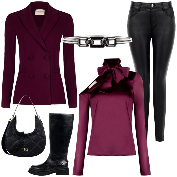Outfit donna - Novembre purple. Stile Chic per Serata fuori. Abbinamento con bluse, borse a tracolla, blazer, pantaloni skinny, stivali sopra il ginocchio, cinture.