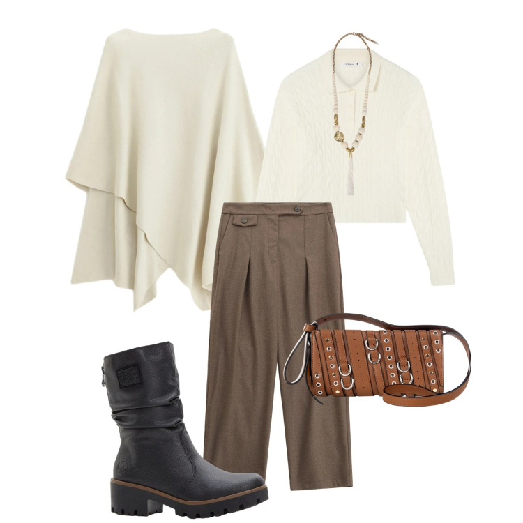 Outfit donna - Total look #2296699. Stile Casual per Tutti i giorni. Abbinamento con stivaletti, maglieria, pantaloni, polo, borse a spalla, ciondoli.