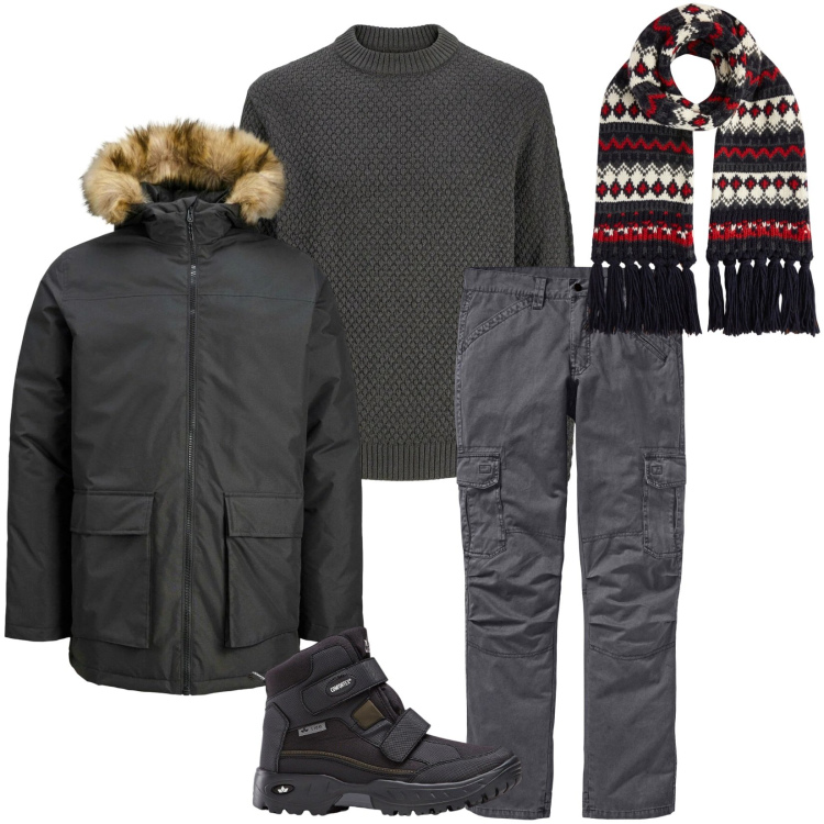 Outfit uomo - Total look #2296703. Stile Casual per Tutti i giorni. Abbinamento con pantaloni cargo, stivali e stivaletti, maglieria, parka, sciarpe.