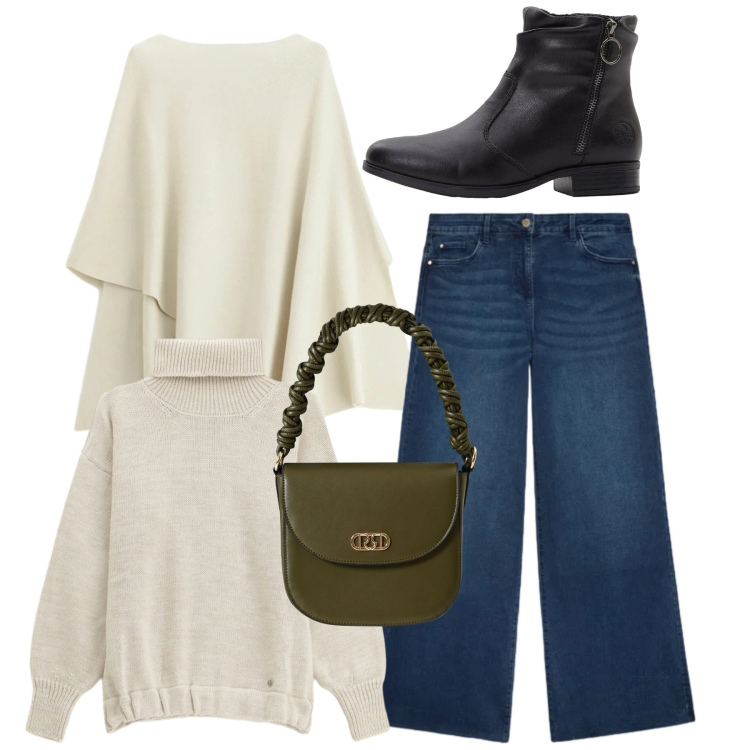 Outfit donna - Bisnco panna. Stile Bon Ton per Tutti i giorni. Abbinamento con stivaletti, maglieria, maglieria, borse a mano, jeans.