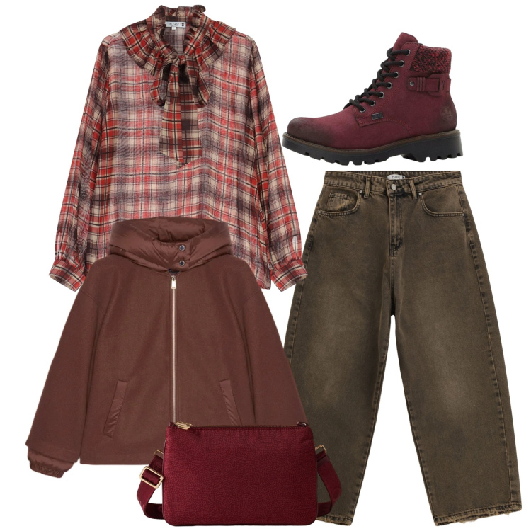 Outfit donna - Toni terra. Stile Casual per Tutti i giorni. Abbinamento con stivaletti, pantaloni a palazzo, bluse, borse a tracolla, bomber.