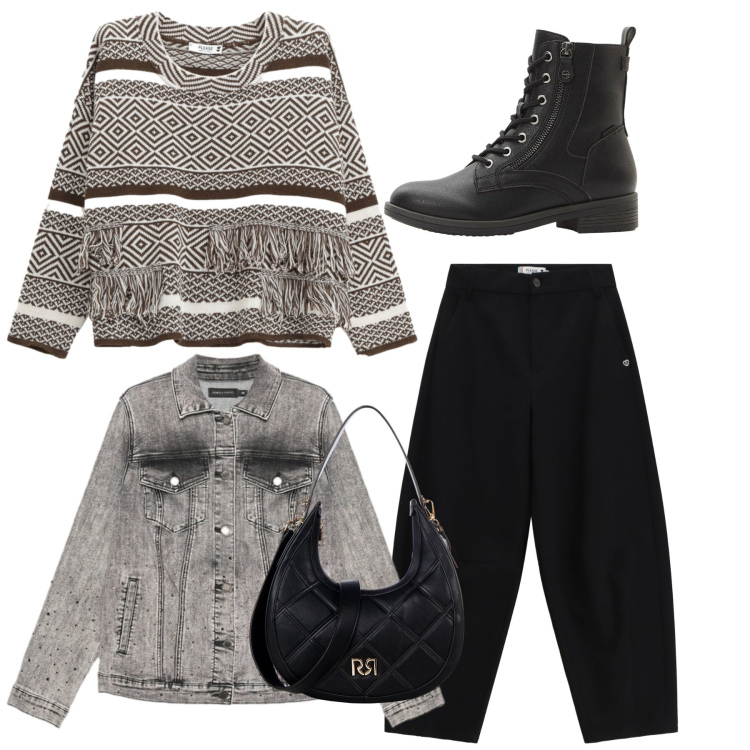 Outfit donna - Total look. Stile Urban per Tutti i giorni. Abbinamento con stivaletti, pantaloni a palazzo, maglieria, borse a tracolla, blazer.