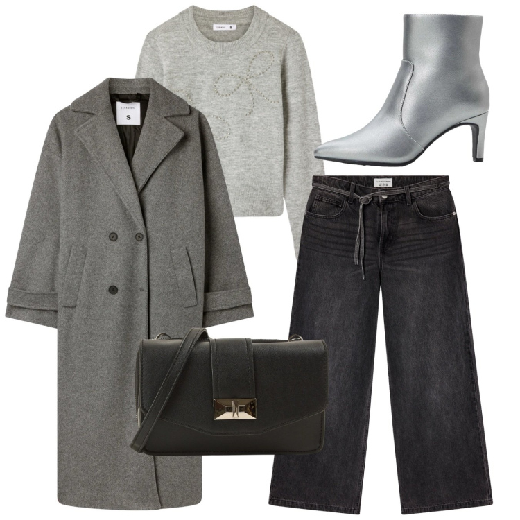 Outfit donna - Total look. Stile Casual per Tutti i giorni. Abbinamento con stivaletti, jeans, maglieria, cappotti, borse a tracolla.