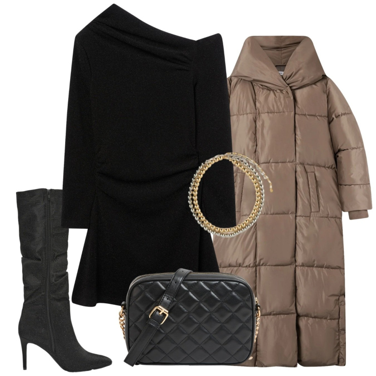 Outfit donna - Per brillare in nero. Stile Chic per Serata fuori. Abbinamento con vestiti asimmetrici, cappotti, borse a tracolla, stivali, collane.