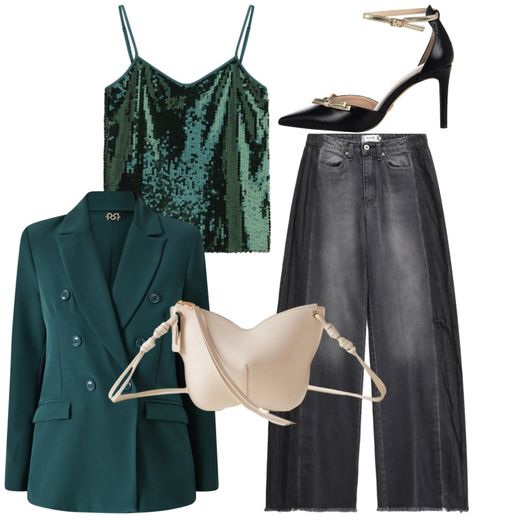 Outfit donna - Verde per la serata. Stile Casual chic per Serata fuori. Abbinamento con jeans, top, blazer, décolleté, borse a tracolla.