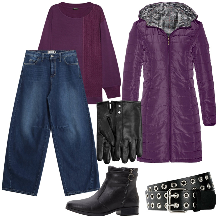 Outfit donna - Il giubbino viola. Stile Casual per Tutti i giorni. Abbinamento con blazer, stivaletti, cinture, guanti, jeans, felpe.