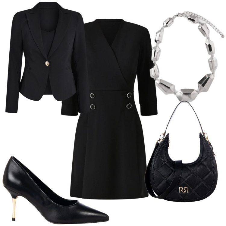 Outfit donna - Cerimonia invernale. Stile Chic per Cerimonia. Abbinamento con vestiti corti, blazer, borse a tracolla, décolleté, ciondoli.