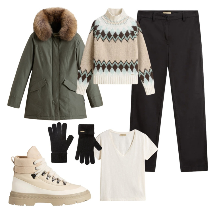 Outfit donna - Artic parka Woolrich!. Stile Casual chic per Tutti i giorni. Abbinamento con maglieria, parka, t-shirt, guanti, anfibi, pantaloni.