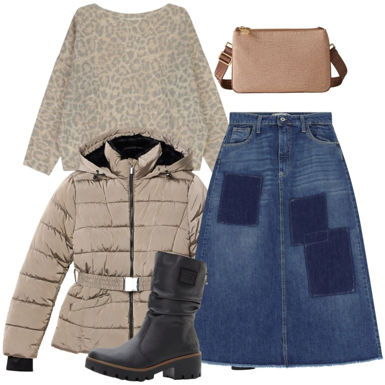 Outfit donna - Gonna in denim. Stile Bon Ton per Tutti i giorni. Abbinamento con stivaletti, gonne lunghe, maglieria, piumini, borse a tracolla.
