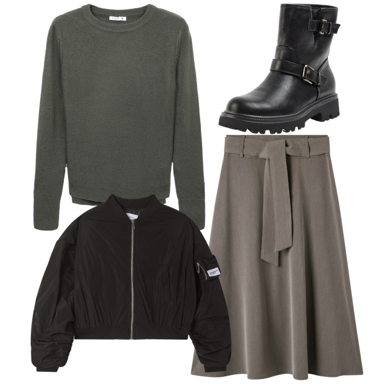 Outfit donna - Total look. Stile Bon Ton per Tutti i giorni. Abbinamento con stivaletti, bomber, gonne lunghe, maglieria.