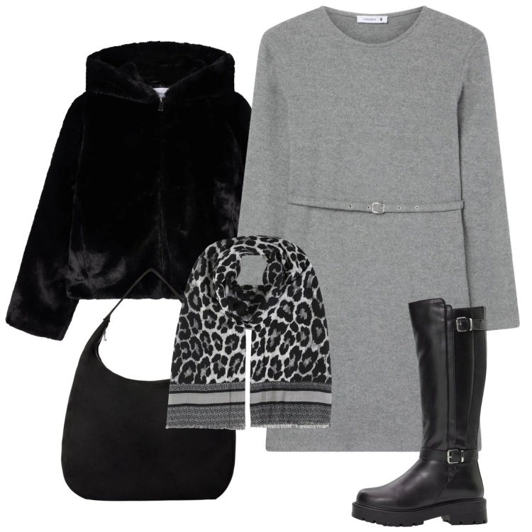 Outfit donna - Sinfonia in grigio. Stile Bon Ton per Ufficio. Abbinamento con stivali, foulard, vestiti midi/longuette, borse a mano, ecopellicce.