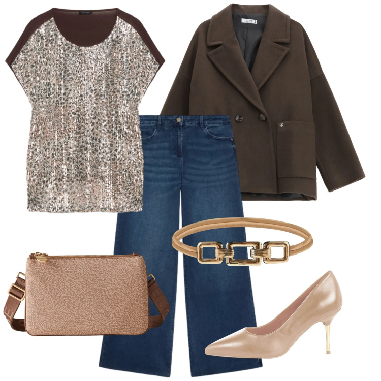 Outfit donna - Serata lustrini. Stile Glamour per Serata fuori. Abbinamento con cappotti, décolleté, cinture, borse a tracolla, jeans, bluse.