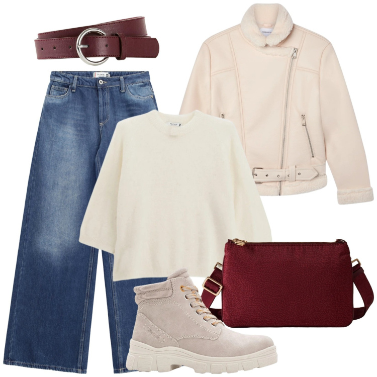 Outfit donna - Dinamica. Stile Casual per Tutti i giorni. Abbinamento con stivaletti, cinture, jeans, pullovers, bomber, borse a tracolla.