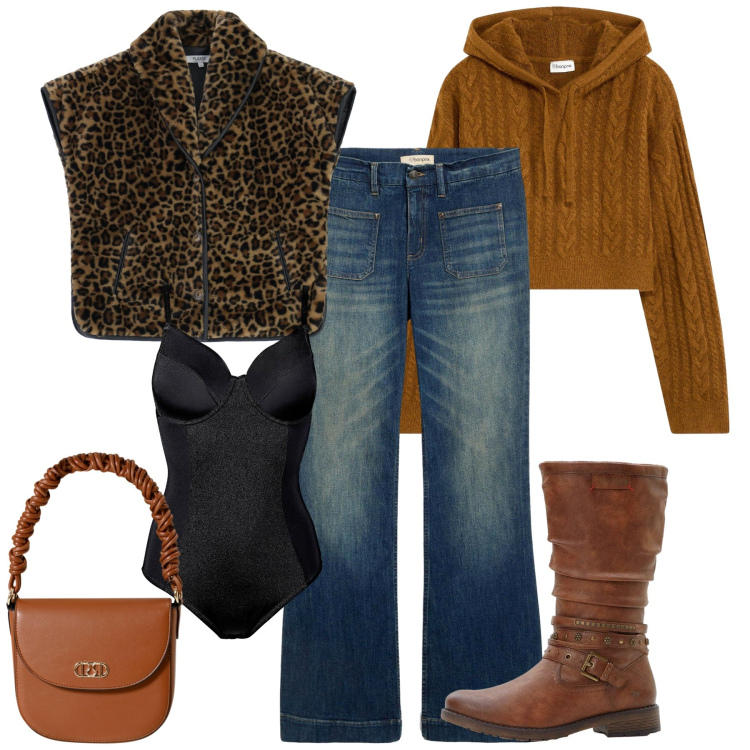 Outfit donna - Smanicato leo. Stile Casual chic per Tutti i giorni. Abbinamento con maglieria, stivali, body, jeans a zampa, cappotti, borse a mano.