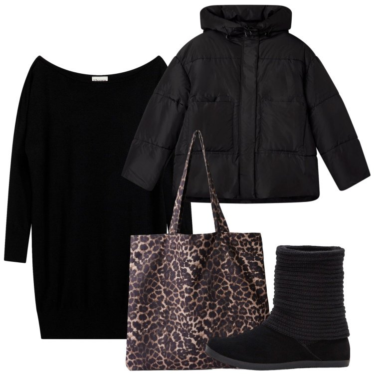 Outfit donna - Nero e al caldo. Stile Bon Ton per Tutti i giorni. Abbinamento con stivali, vestiti asimmetrici, shopping bag, bomber.