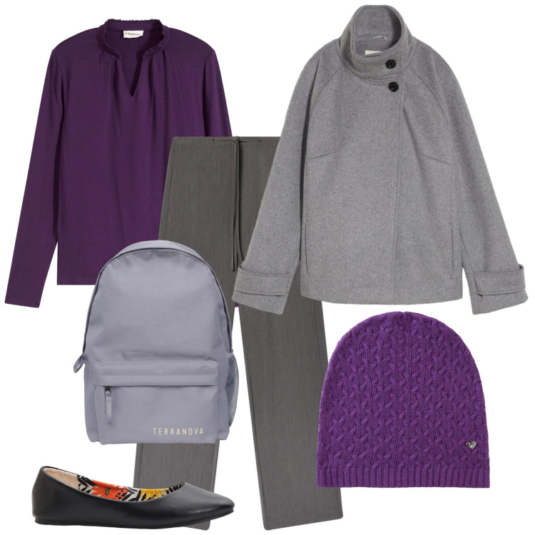 Outfit donna - Viola anemos. Stile Bon Ton per Ufficio. Abbinamento con ballerine, bluse, blazer, berretti, zaini, pantaloni.