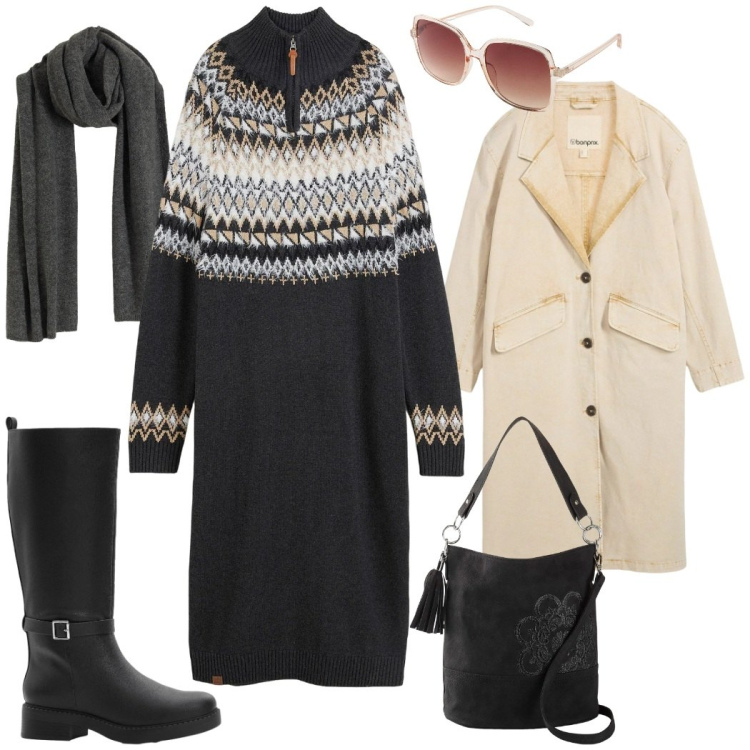 Outfit donna - Inverno in arrivo. Stile Casual chic per Tutti i giorni. Abbinamento con borse a mano, trench, occhiali da sole, sciarpe, stivali, vestiti.