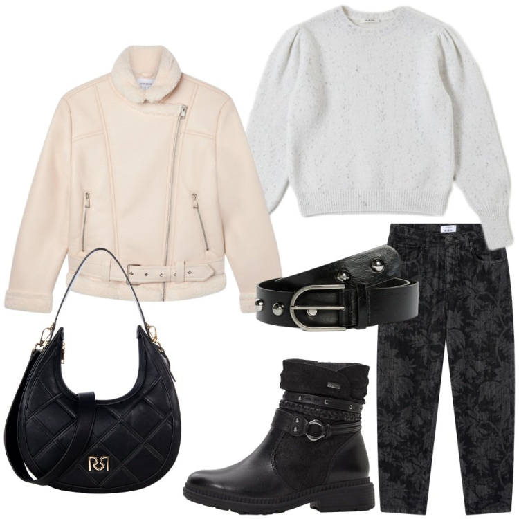 Outfit donna - Total look #2296741. Stile Casual chic per Tutti i giorni. Abbinamento con stivaletti, bomber, jeans, borse a tracolla, maglieria, cinture.