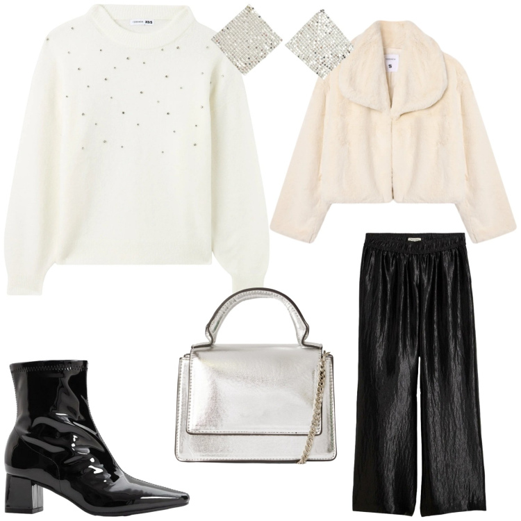 Outfit donna - Pronta per brillare. Stile Glamour per Serata fuori. Abbinamento con stivaletti, pantaloni a palazzo, maglieria, orecchini, borse a tracolla, ecopellicce.