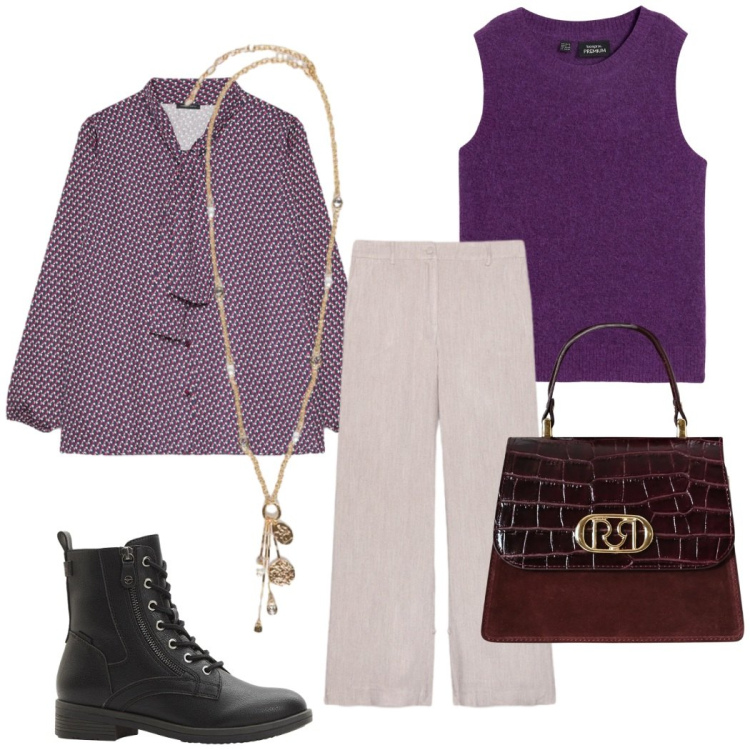 Outfit donna - Total look #2296745. Stile Casual chic per Ufficio. Abbinamento con maglieria, stivaletti, borse a mano, ciondoli, camicie, pantaloni.