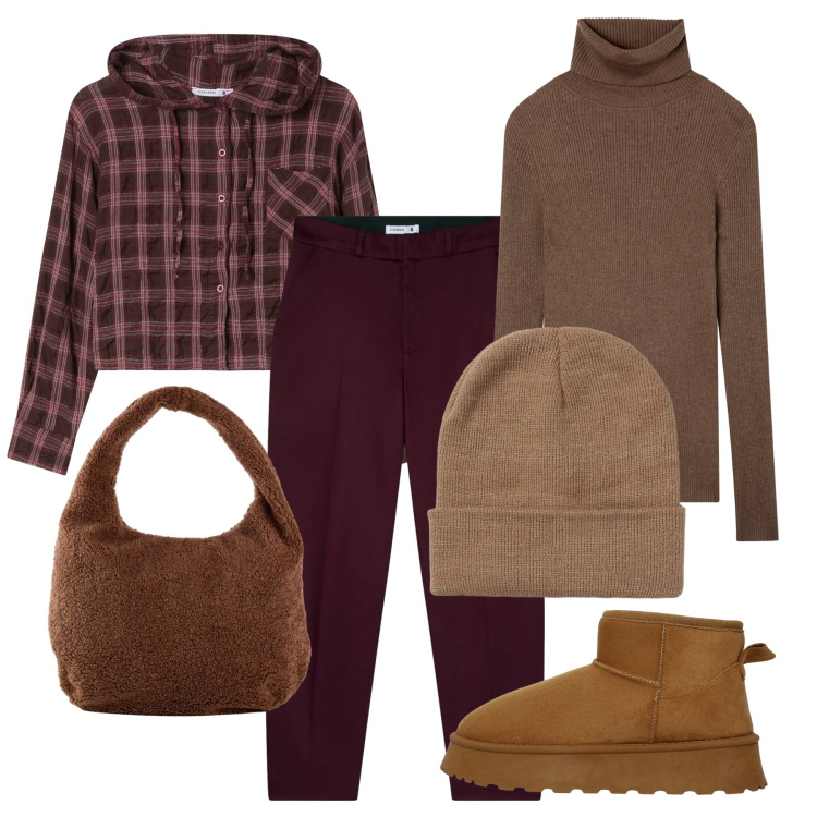 Outfit donna - Gourmand. Stile Bon Ton per Ufficio. Abbinamento con shopping bag, maglieria, camicie, pantaloni chino, berretti, stivali.