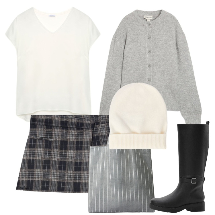Outfit donna - Neutri. Stile Bon Ton per Scuola/Università. Abbinamento con stivali, cardigans, shopping bag, minigonne, bluse, berretti.