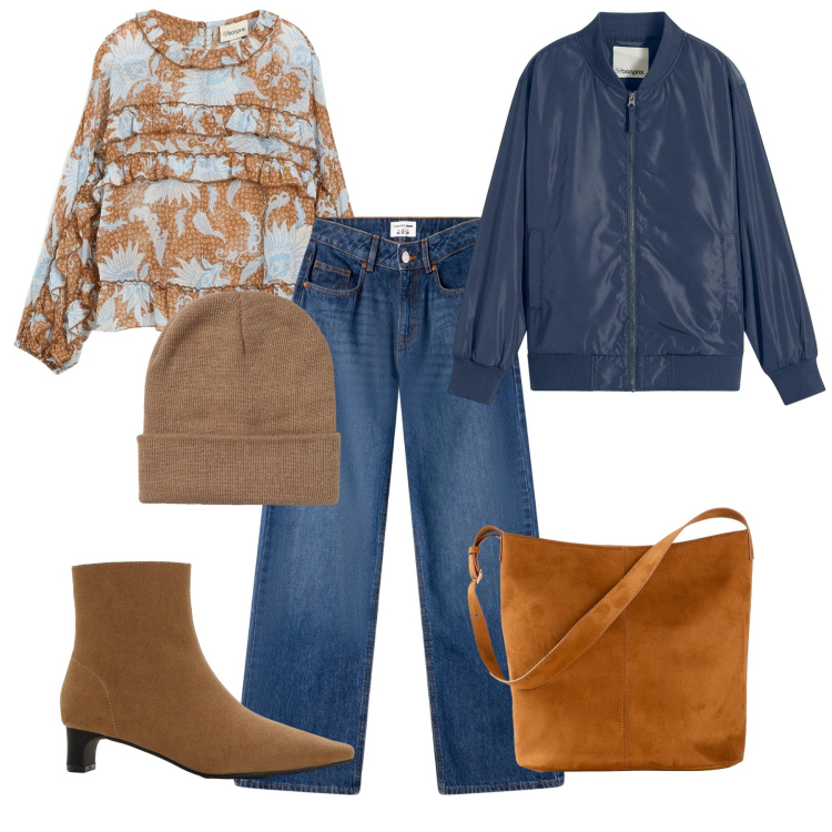 Outfit donna - Bomber blu. Stile Casual chic per Tutti i giorni. Abbinamento con bluse, bomber, stivaletti, borse a mano, jeans, berretti.