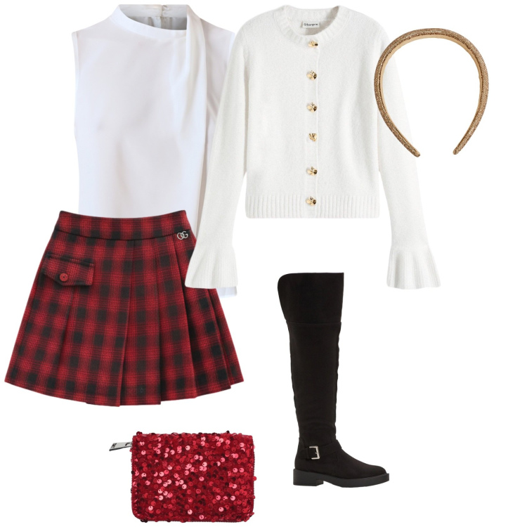 Outfit donna - Vigilia a casa. per Serata fuori. Abbinamento con cardigans, stivali sopra il ginocchio, top, minigonne, portafogli, cerchietti.