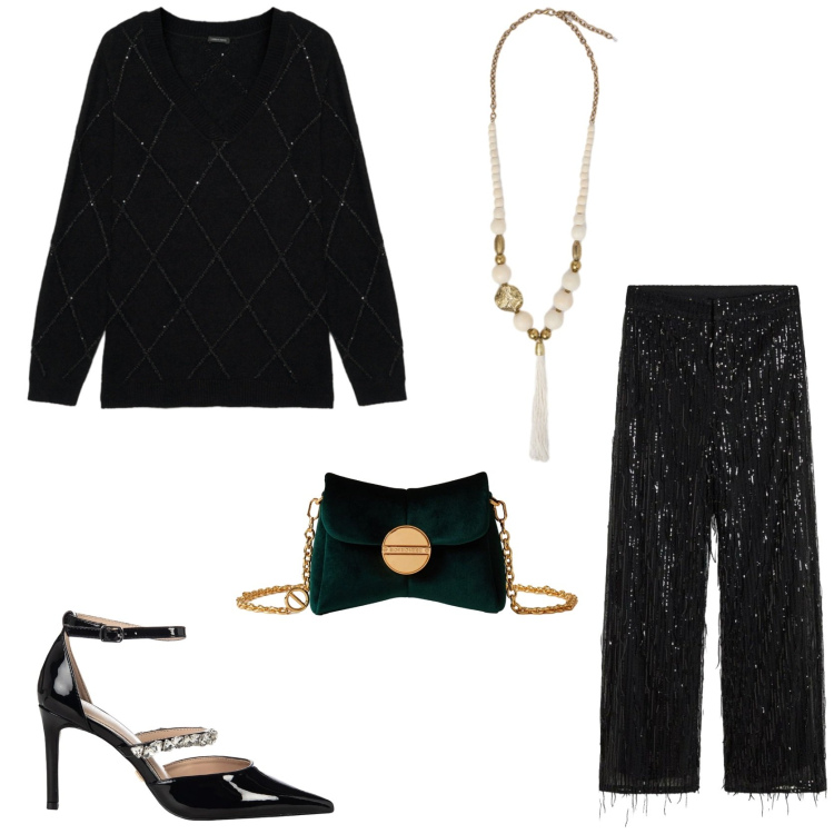 Outfit donna - Holiday. Stile Chic per Serata fuori. Abbinamento con pantaloni, décolleté, borse a tracolla, maglieria, ciondoli.