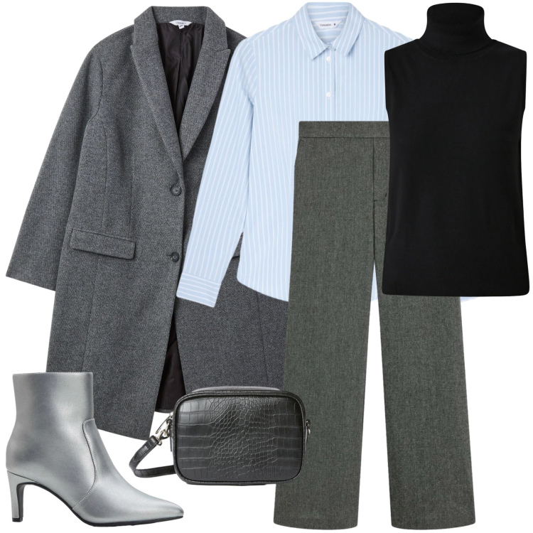 Outfit donna - Sofisticata in città!. Stile Casual chic per Tutti i giorni. Abbinamento con stivaletti, pantaloni, camicie, cappotti, maglieria, borse a tracolla.