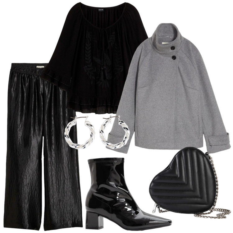 Outfit donna - Bonprix -Party black romance. Stile Chic per Serata fuori. Abbinamento con tuniche, orecchini, borse a tracolla, blazer, stivaletti, pantaloni a palazzo.