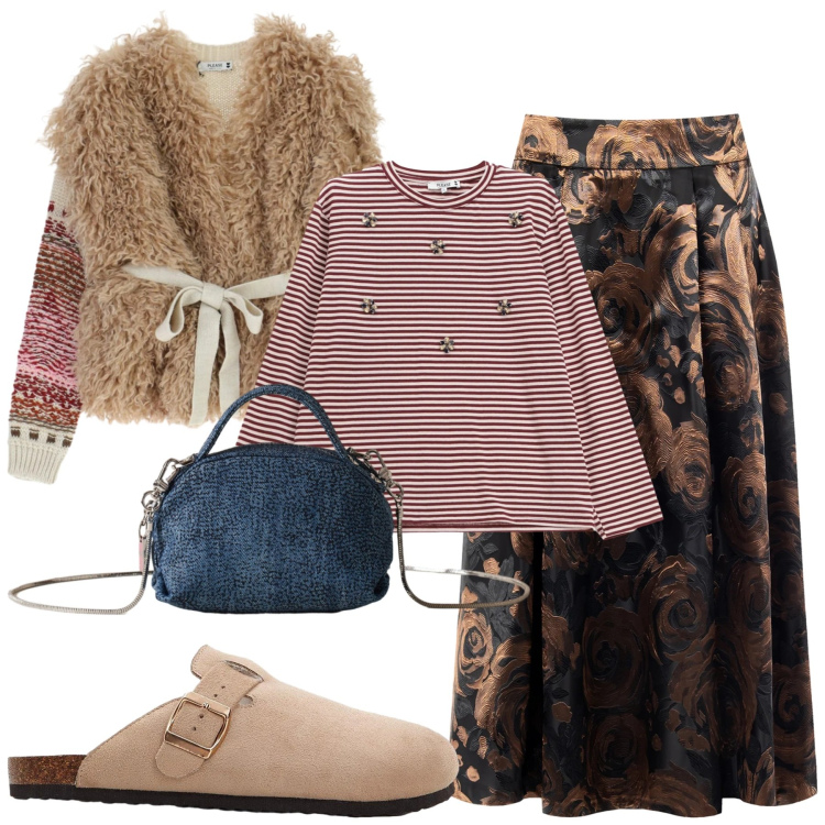 Outfit donna - Confort mix. Stile Casual chic per Tutti i giorni. Abbinamento con pantofole, t-shirt, maglieria, gonne longuette, borse a mano.