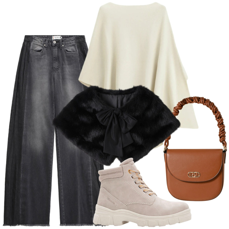 Outfit donna - Casual mix. Stile Casual chic per Tutti i giorni. Abbinamento con stivaletti, maglieria, jeans, borse a mano, stole.