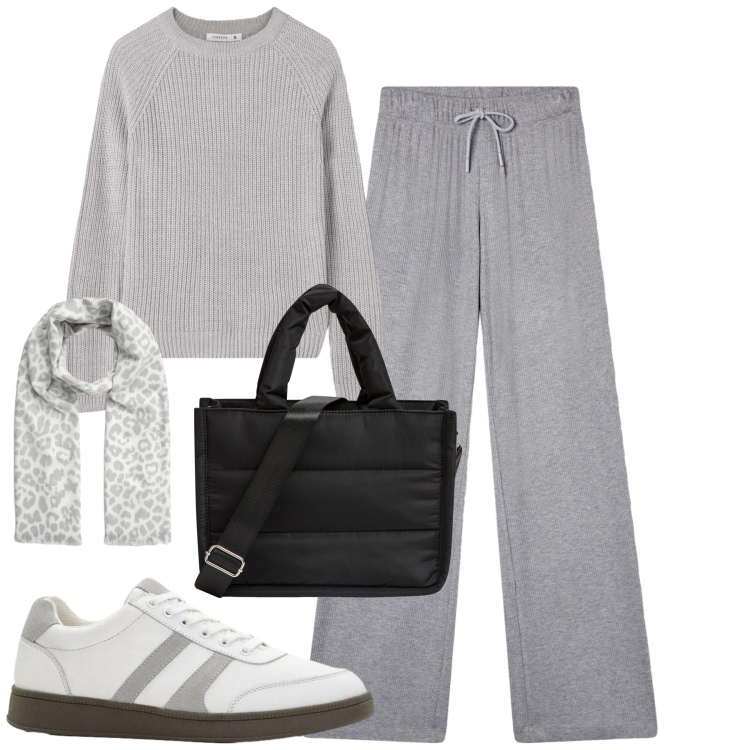 Outfit donna - Basta così. Stile Sporty chic per Tutti i giorni. Abbinamento con sneakers, shopping bag, sciarpe, maglieria, pantaloni.