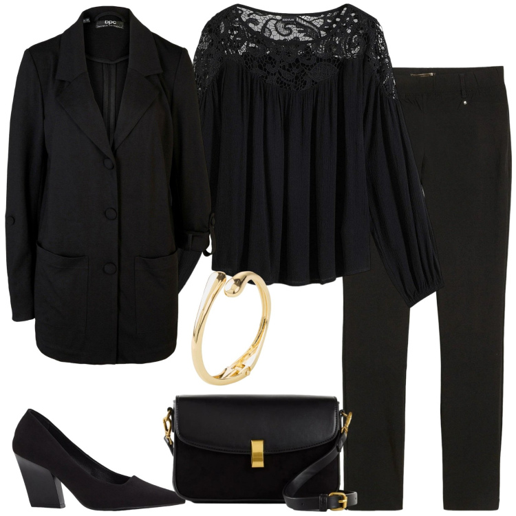 Outfit donna - Serata informale. Stile Casual chic per Serata fuori. Abbinamento con tuniche, blazer, pantaloni, décolleté, braccialetti, borse a mano.