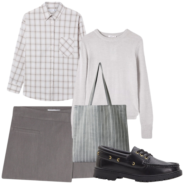 Outfit donna - Preppy. Stile Preppy per Scuola/Università. Abbinamento con mocassini, shopping bag, maglieria, gonne, camicie.