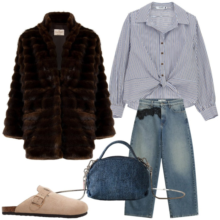 Outfit donna - Total look #2296782. Stile Casual chic per Tutti i giorni. Abbinamento con pantofole, camicie, jeans, cappotti, borse a mano.