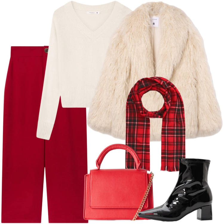 Outfit donna - Stile natalizio. Stile Casual per Tutti i giorni. Abbinamento con stivaletti, pantaloni a palazzo, borse a tracolla, sciarpe, maglieria, ecopellicce.