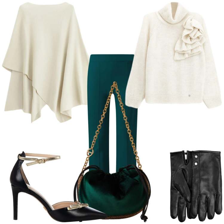 Outfit donna - La sera a modo mio. Stile Glamour per Serata fuori. Abbinamento con guanti, maglieria, maglieria, pantaloni a palazzo, décolleté, borse a spalla.