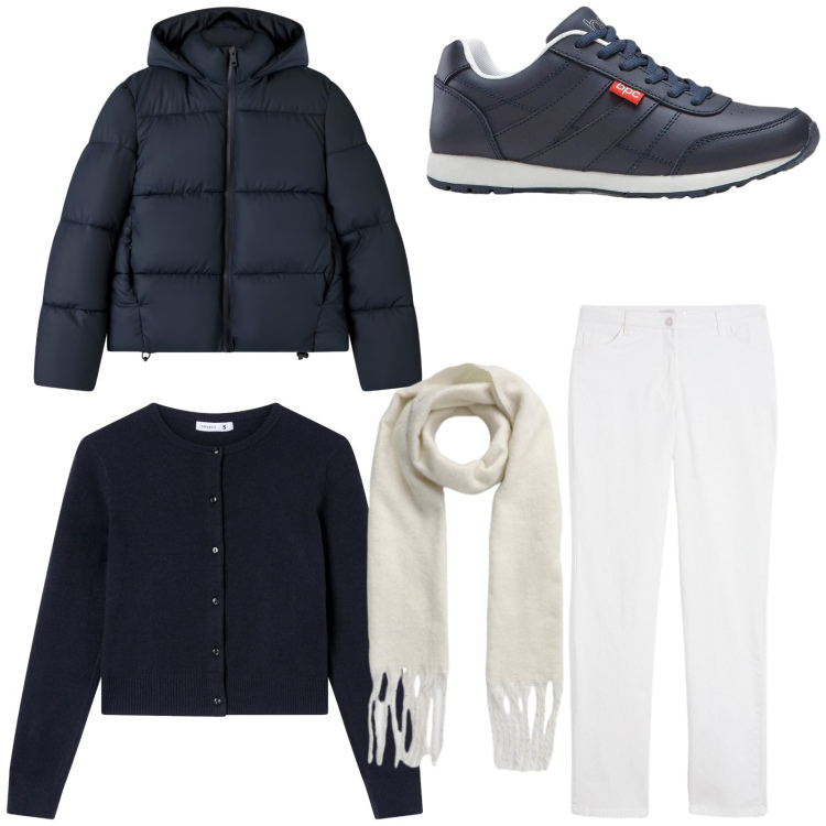 Outfit donna - Marinier. Stile Sporty chic per Tutti i giorni. Abbinamento con pantaloni, sneakers, bomber, cardigans, sciarpe.