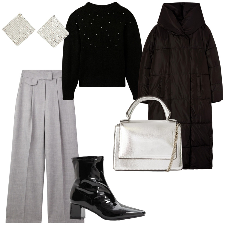 Outfit donna - Le giornate di festa. per Tutti i giorni. Abbinamento con stivaletti, maglieria, pantaloni, orecchini, borse a tracolla, cappotti.