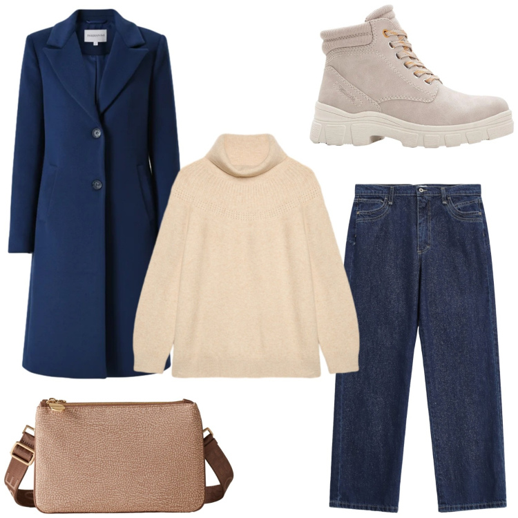 Outfit donna - Un cappotto nell\' armadio. Stile Casual chic per Tutti i giorni. Abbinamento con stivaletti, jeans dritti, cappotti, borse a tracolla, maglieria.