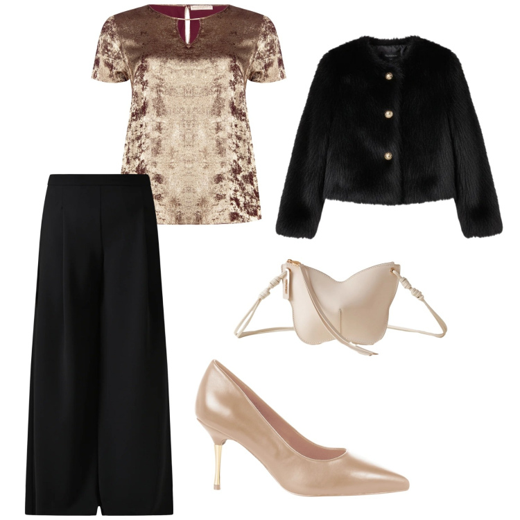 Outfit donna - Serata di festa. per Serata fuori. Abbinamento con pantaloni a palazzo, bluse, décolleté, ecopellicce, borse a tracolla.