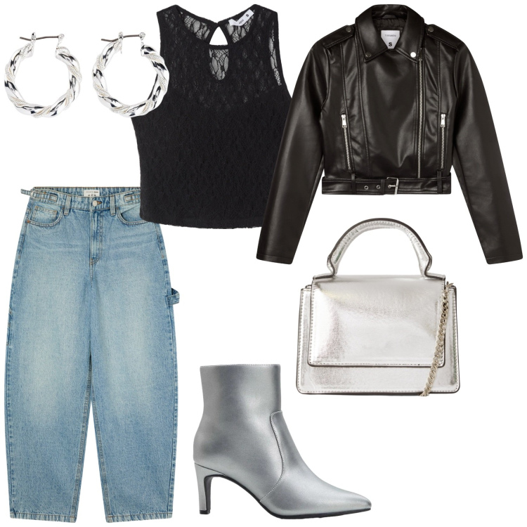 Outfit donna - Una serata tra amiche. per Serata fuori. Abbinamento con orecchini, stivaletti, top, borse a tracolla, giacche, jeans.